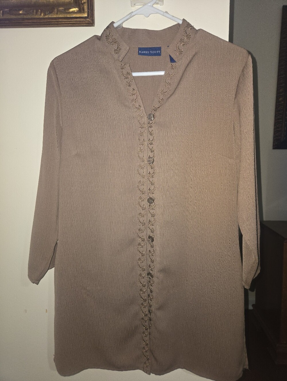 Karen Scott Taupe Embroidered Button-Front Shirt